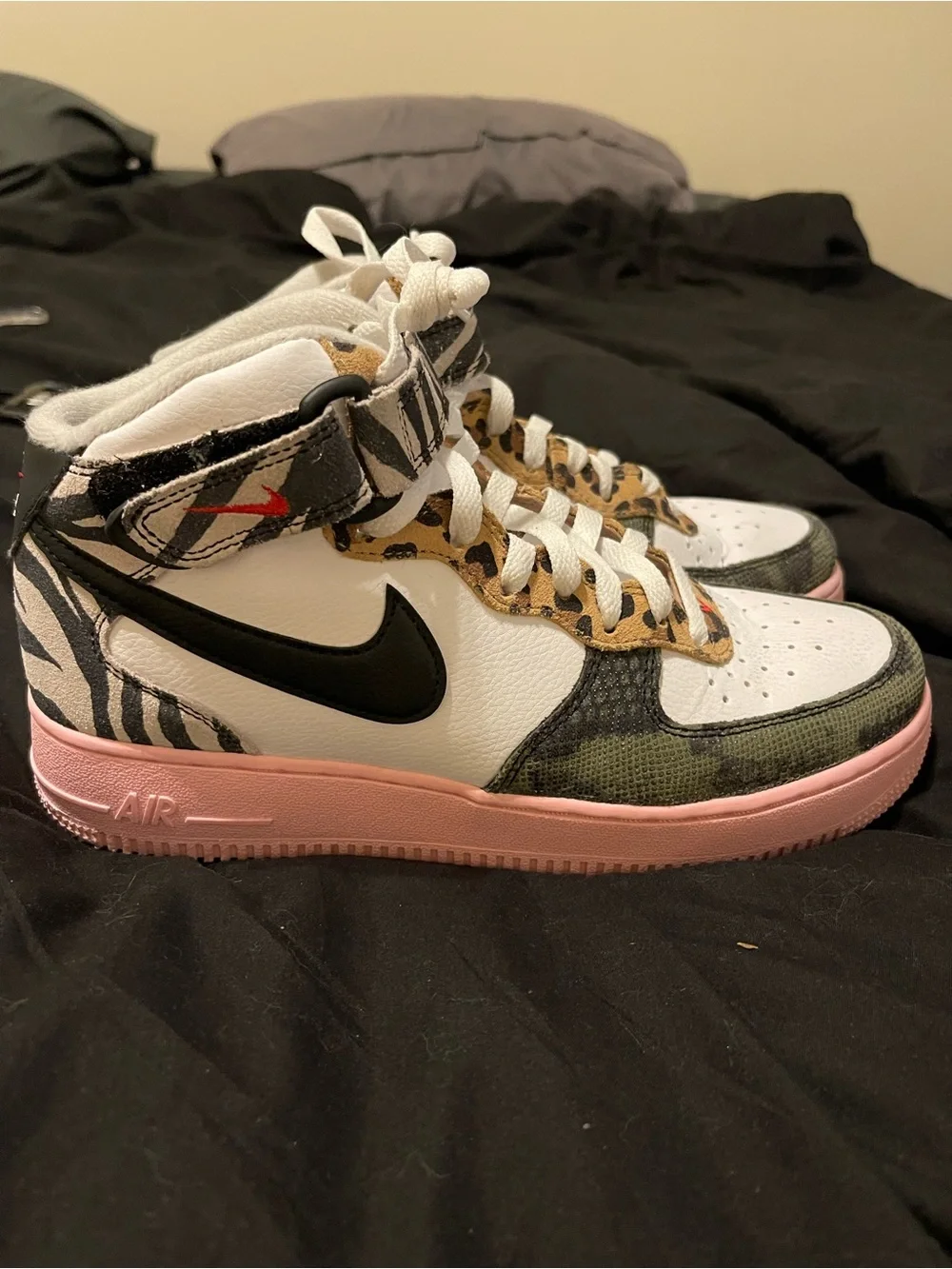 Nike Air Force One White Leopard Accent High-Top Sneakers with Pink Sole